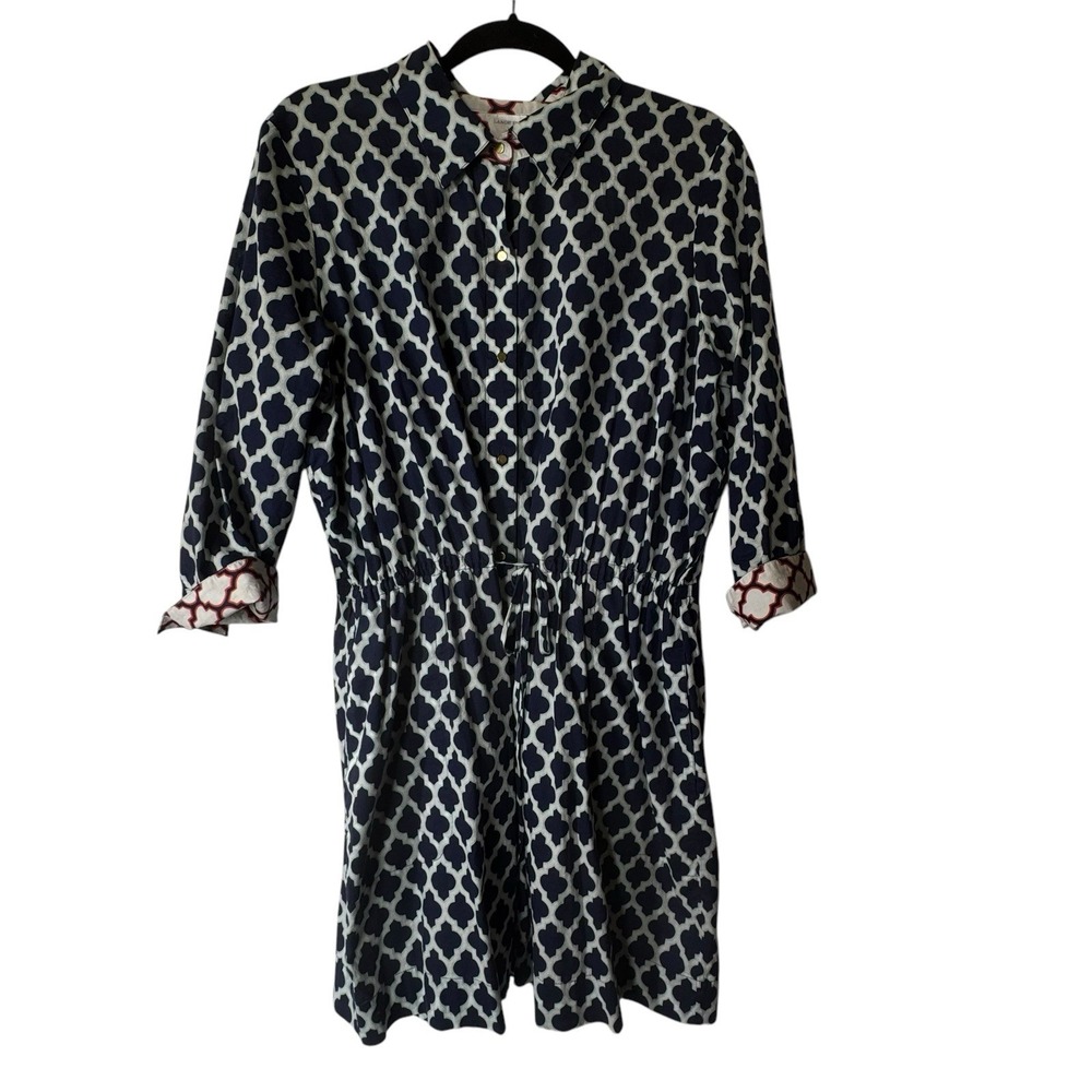 Lands End Dress Large Blueprint Shirt Drawstring Waist Contrast Collar Cuff Blue